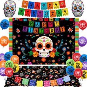 fangleland day of the dead theme birthday party decorations for boy girl - dia de los muertos bday celebration party supplies balloons banner tablecloth sugar skull mexican backdrop