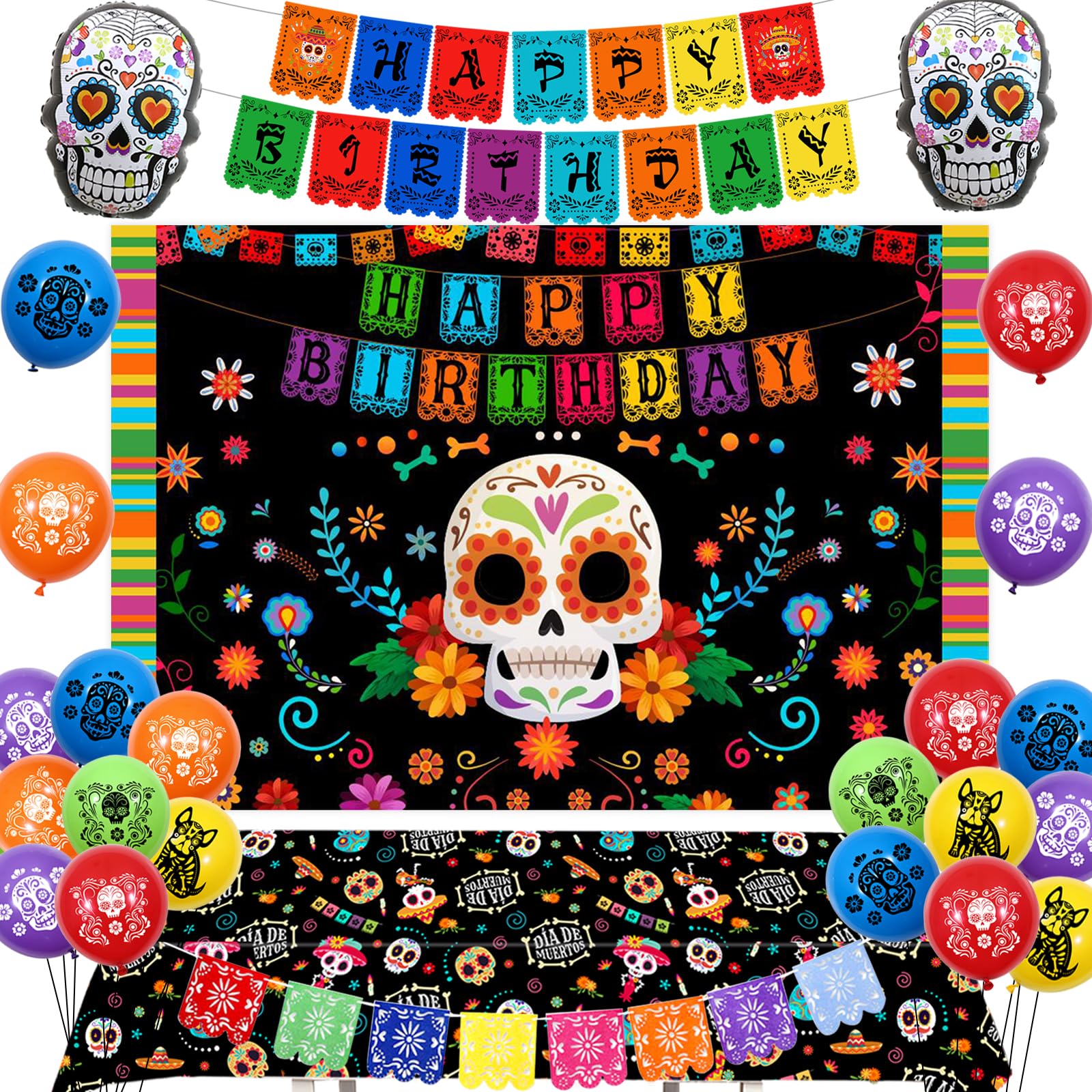 Fangleland Day of The Dead Theme Birthday Party Decorations for Boy Girl - Dia De Los Muertos Bday Celebration Party Supplies Balloons Banner Tablecloth Sugar Skull Mexican Backdrop