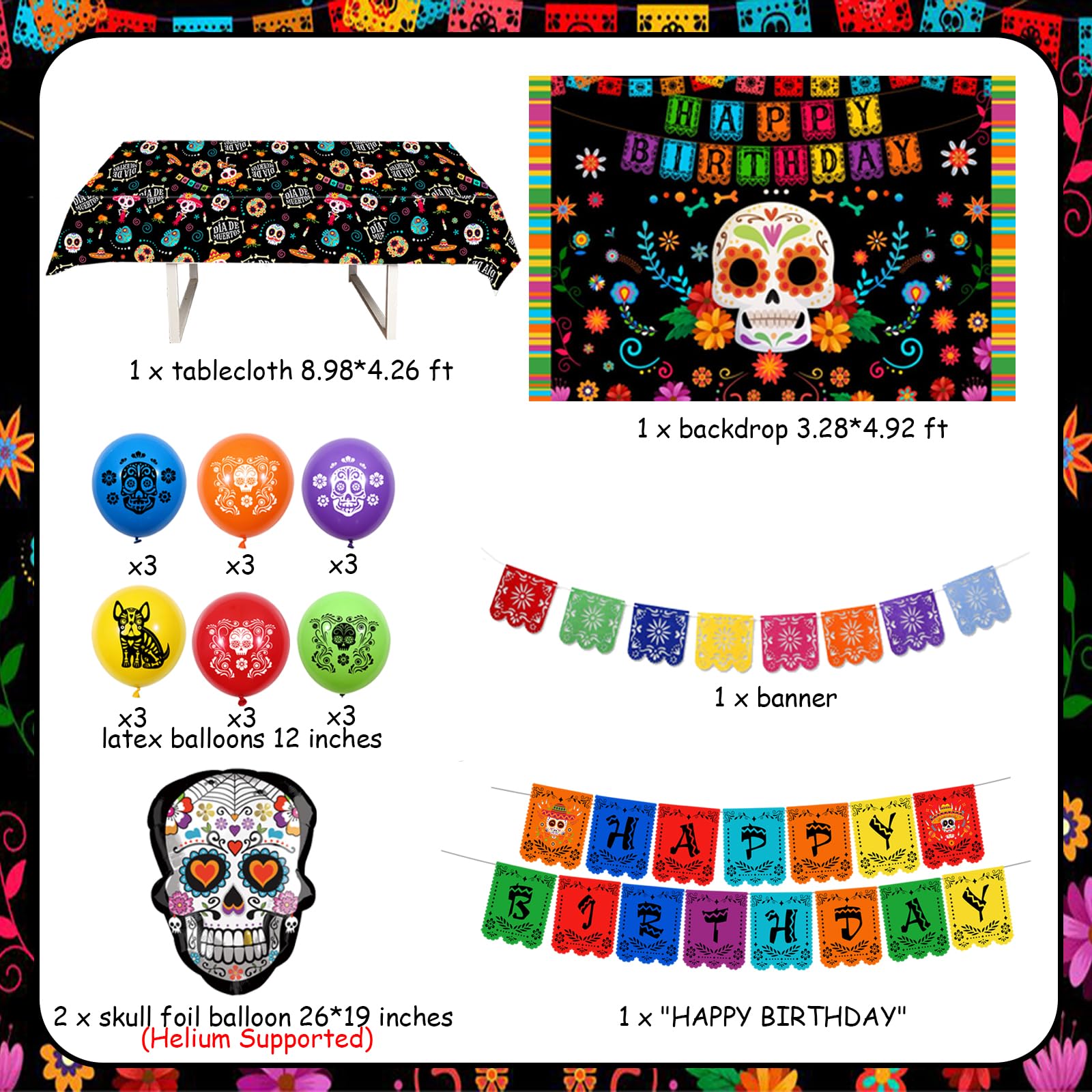 Fangleland Day of The Dead Theme Birthday Party Decorations for Boy Girl - Dia De Los Muertos Bday Celebration Party Supplies Balloons Banner Tablecloth Sugar Skull Mexican Backdrop