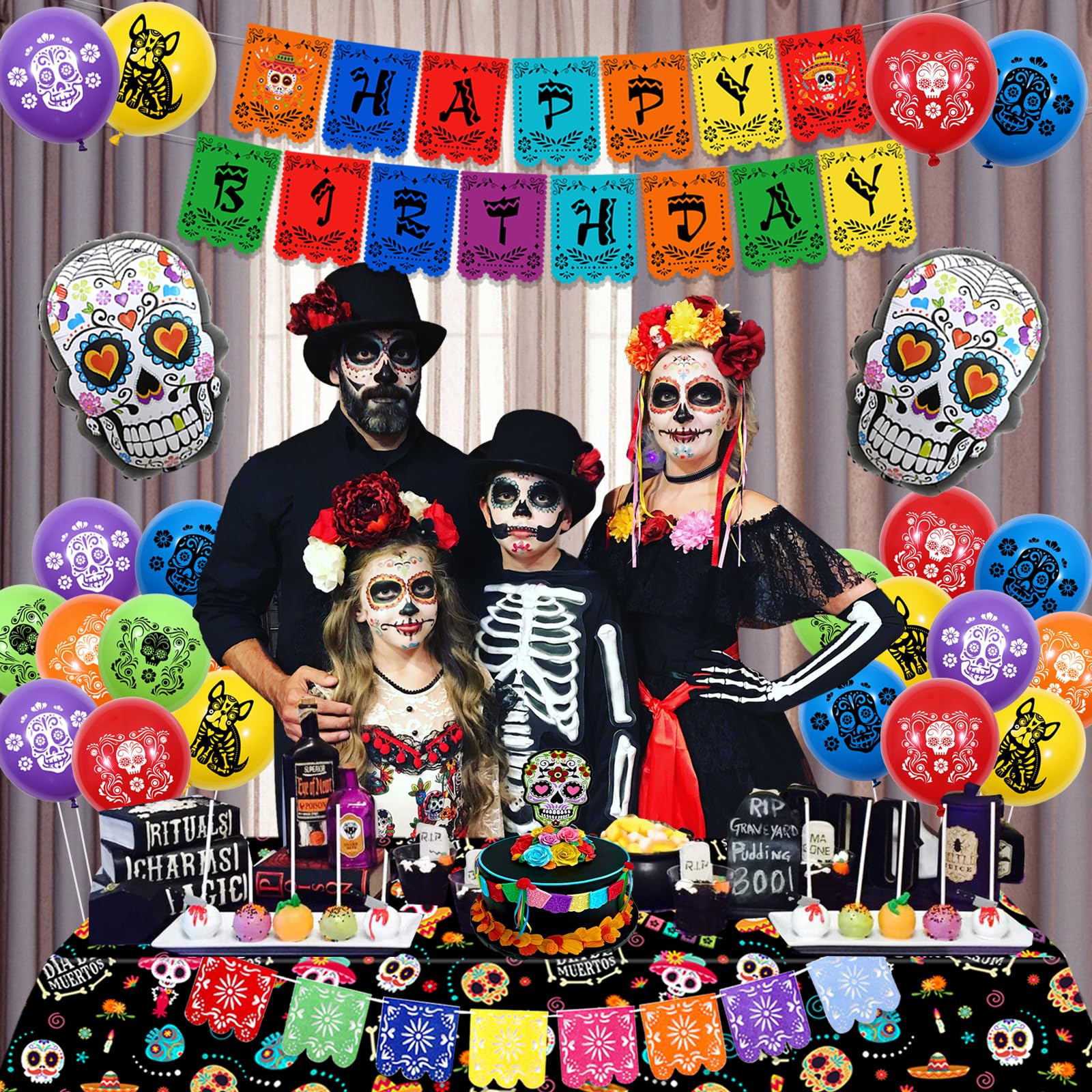 Fangleland Day of The Dead Theme Birthday Party Decorations for Boy Girl - Dia De Los Muertos Bday Celebration Party Supplies Balloons Banner Tablecloth Sugar Skull Mexican Backdrop