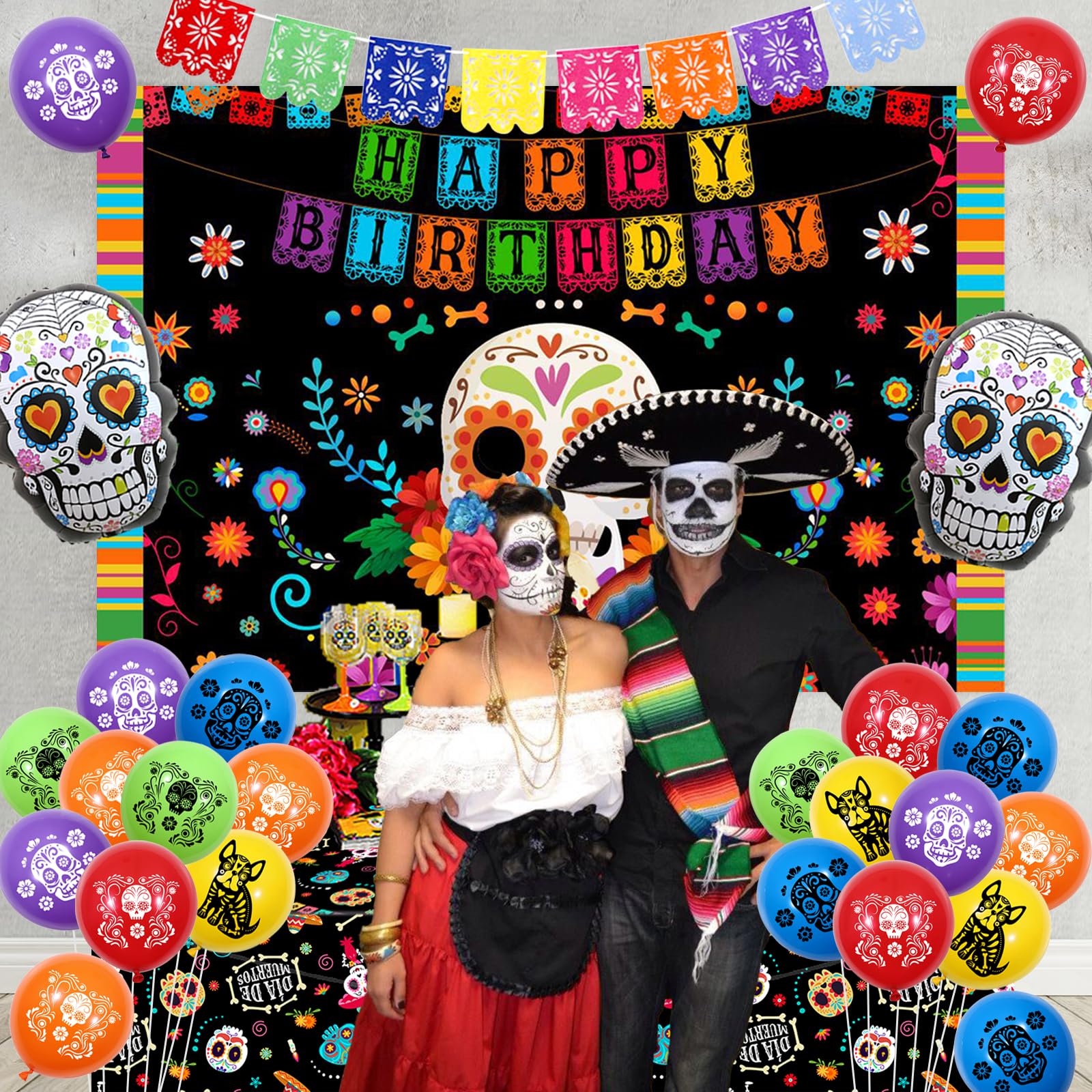 Fangleland Day of The Dead Theme Birthday Party Decorations for Boy Girl - Dia De Los Muertos Bday Celebration Party Supplies Balloons Banner Tablecloth Sugar Skull Mexican Backdrop