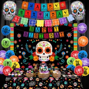 Fangleland Day of The Dead Theme Birthday Party Decorations for Boy Girl - Dia De Los Muertos Bday Celebration Party Supplies Balloons Banner Tablecloth Sugar Skull Mexican Backdrop