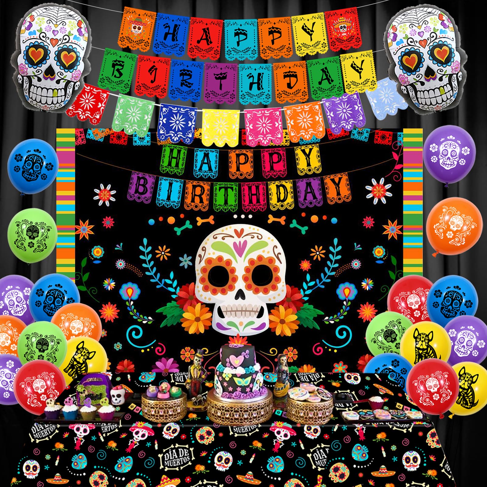 Fangleland Day of The Dead Theme Birthday Party Decorations for Boy Girl - Dia De Los Muertos Bday Celebration Party Supplies Balloons Banner Tablecloth Sugar Skull Mexican Backdrop