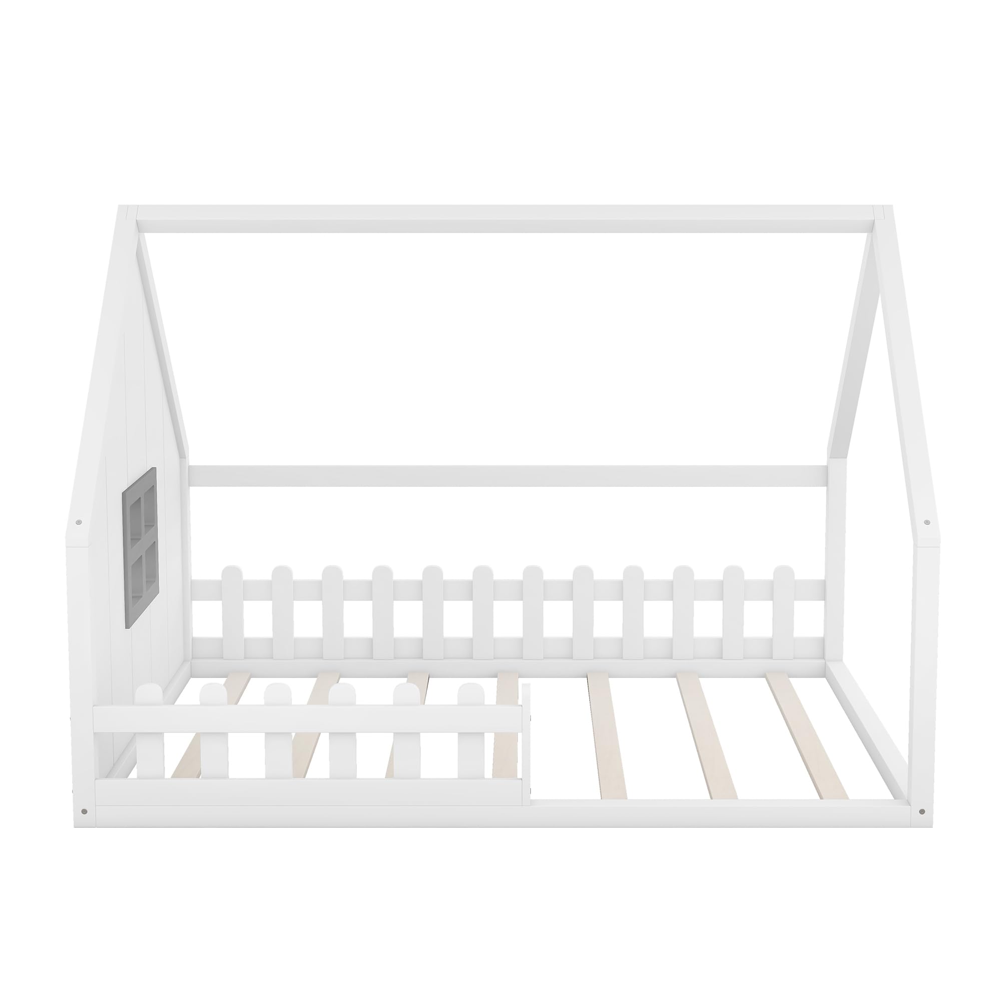 DEINPPA Full Size House Bed with Fence Guardrails, Kids Floor Bed with Roof Design and Window Design, Wood Bed Frame for Kids Toddler Boys Girls-White