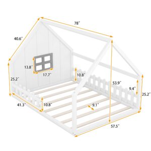 DEINPPA Full Size House Bed with Fence Guardrails, Kids Floor Bed with Roof Design and Window Design, Wood Bed Frame for Kids Toddler Boys Girls-White