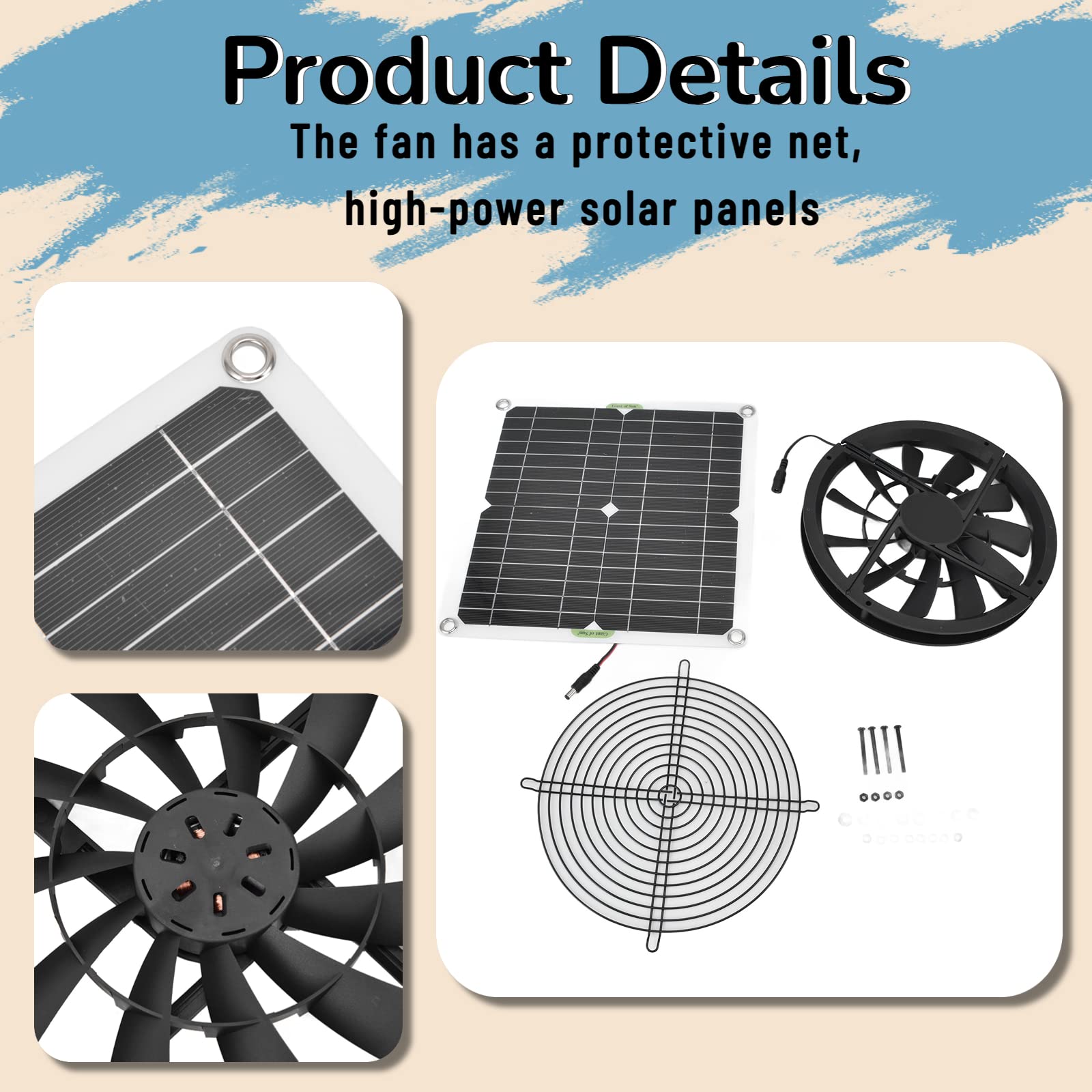 Solar Roof Vent Fan, 100w Waterproof Solar Panel And 9.8 Inch High Speed Solar Fans For Outside, Solar Power Fan, Solar Powered Fan For Greenhouse For Chicken Dog Houses, Greenhouses, Rv Roof