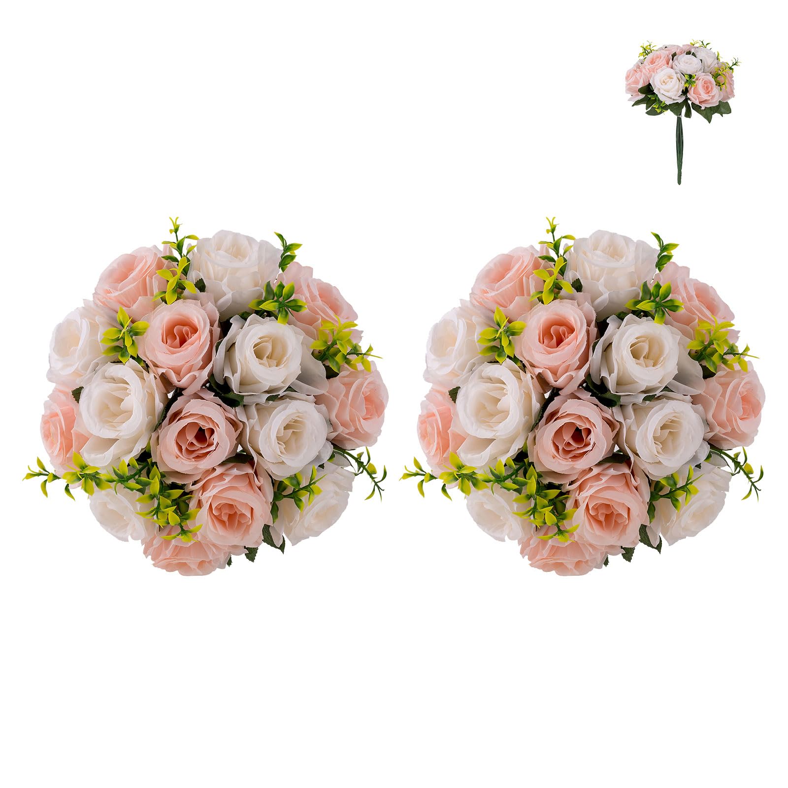 BLOSMON Fake Flower Artificial Roses Bouquet 2 Pcs Fake Rose Silk Flowers Wedding Bouquets for Bride, Faux Floral Arrangements for Home Party Vase Table Centerpieces Decor (Blush & Cream White)