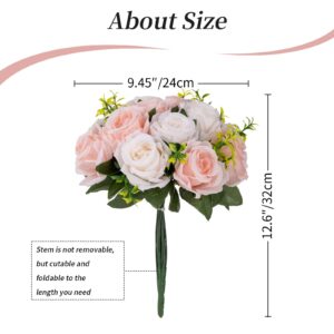 BLOSMON Fake Flower Artificial Roses Bouquet 2 Pcs Fake Rose Silk Flowers Wedding Bouquets for Bride, Faux Floral Arrangements for Home Party Vase Table Centerpieces Decor (Blush & Cream White)