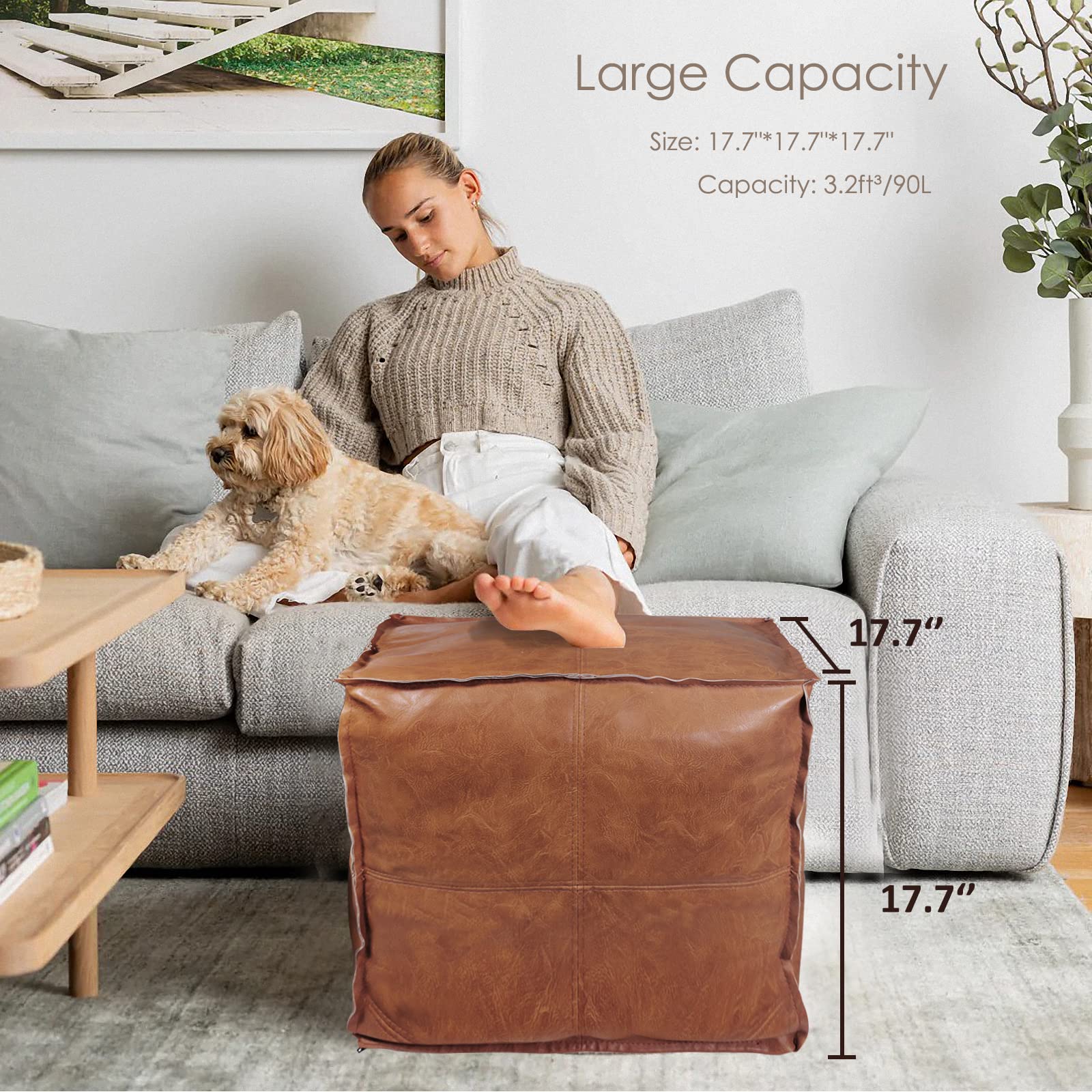 DMeHoo Unstuffed Pouf Foot Stool Ottoman, Faux Leather Pouf Cover, Handmade Square Floor Poufs Chairs for Living Room, Balcony, Bedroom (Brown, 17.7''*17.7''*17.7'', No Filling, Unstuffed)