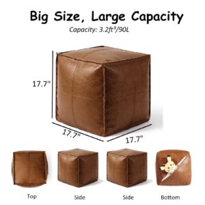 DMeHoo Unstuffed Pouf Foot Stool Ottoman, Faux Leather Pouf Cover, Handmade Square Floor Poufs Chairs for Living Room, Balcony, Bedroom (Brown, 17.7''*17.7''*17.7'', No Filling, Unstuffed)