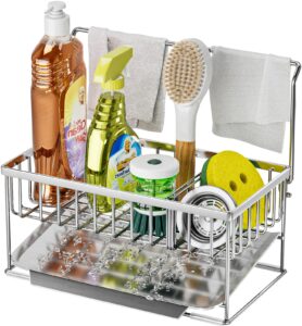 jane eyre kitchen sink caddy - sponge brush holder with removable slope drip tray sus304 stainless steel rustproof sink rack,(h) 9 in x (d) 5.5 in x (l) 9.84 in (silver)