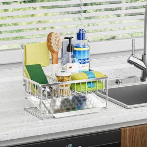 JANE EYRE Kitchen Sink Caddy - Sponge Brush Holder with Removable Slope Drip Tray SUS304 Stainless Steel Rustproof Sink Rack,(H) 9 in x (D) 5.5 in x (L) 9.84 in (Silver)