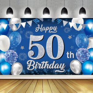 happy 50th birthday banner backdrop 50th birthday decorations for men blue and silver, happy 50th birthday yard sign banner men for indoor outdoor 50 years old birthday party decorations 6x4ft fabric