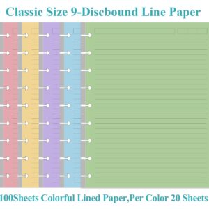 9-Disc Discbound 5 Colorful Line Paper Pre-punched Happy Planners Inserts, 100Sheets/200Pages Classic Size Line Loose-Leaf Paper, Per Color 20 Sheets, 7" x 9.25"