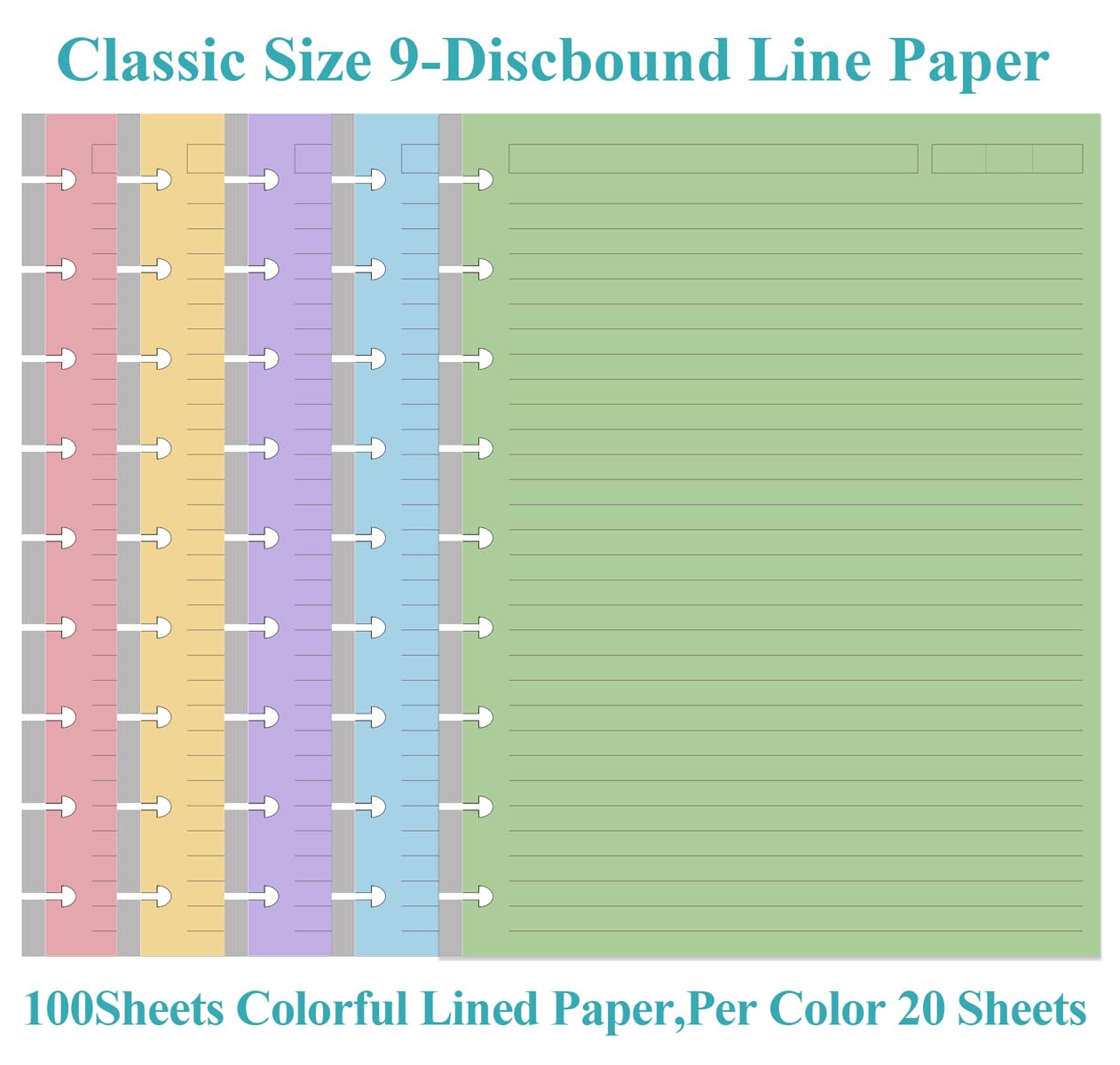 9-Disc Discbound 5 Colorful Line Paper Pre-punched Happy Planners Inserts, 100Sheets/200Pages Classic Size Line Loose-Leaf Paper, Per Color 20 Sheets, 7" x 9.25"