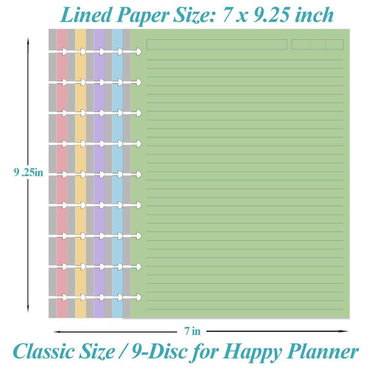 9-Disc Discbound 5 Colorful Line Paper Pre-punched Happy Planners Inserts, 100Sheets/200Pages Classic Size Line Loose-Leaf Paper, Per Color 20 Sheets, 7" x 9.25"