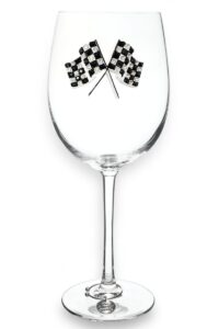 the queens' jewels checkered flag jeweled stemmed wine glass, 21 oz. - unique gift for women, birthday, cute, fun, not painted, decorated, bling, bedazzled, rhinestone