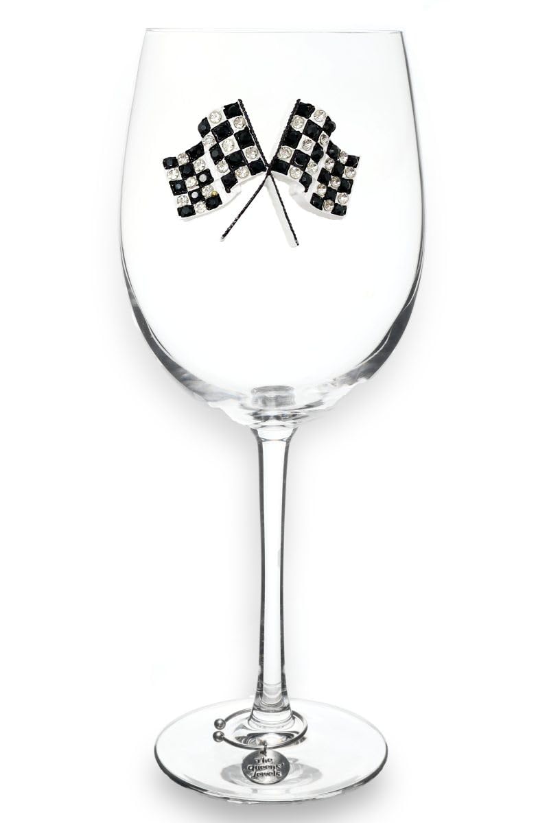 THE QUEENS' JEWELS Checkered Flag Jeweled Stemmed Wine Glass, 21 oz. - Unique Gift for Women, Birthday, Cute, Fun, Not Painted, Decorated, Bling, Bedazzled, Rhinestone