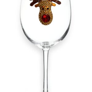 THE QUEENS' JEWELS Red Nose Reindeer Jeweled Stemmed Wine Glass, 21 oz. - Unique Gift for Women, Birthday, Cute, Fun, Not Painted, Decorated, Bling, Bedazzled, Rhinestone