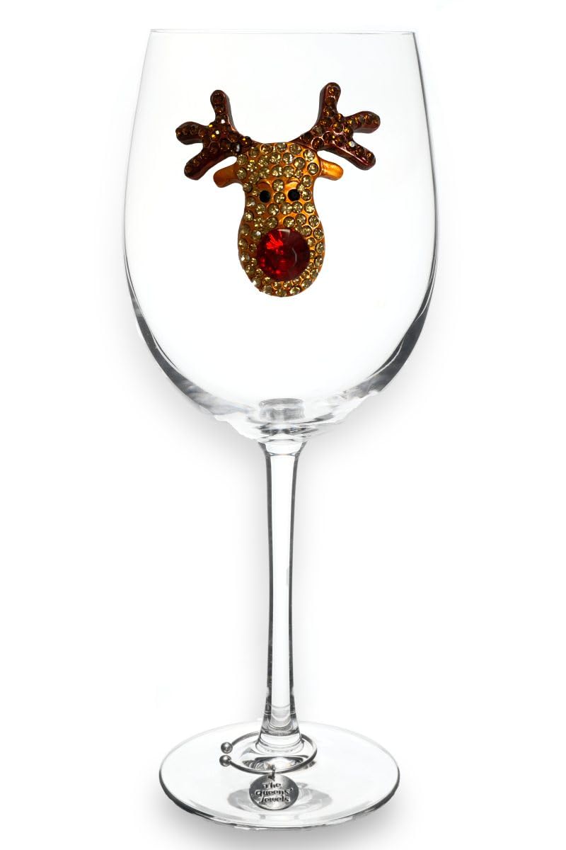 THE QUEENS' JEWELS Red Nose Reindeer Jeweled Stemmed Wine Glass, 21 oz. - Unique Gift for Women, Birthday, Cute, Fun, Not Painted, Decorated, Bling, Bedazzled, Rhinestone