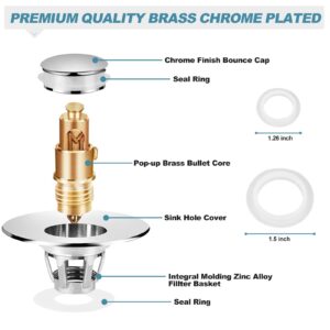 Shap+ Universal Bathroom Sink Stopper, Fits 1.06-1.5 Inch, Premium Basin Pop Up Sink Drain Strainer, Anti-Leakage and Clogging, with Hair Catcher, Made Brass, Chrome Plated