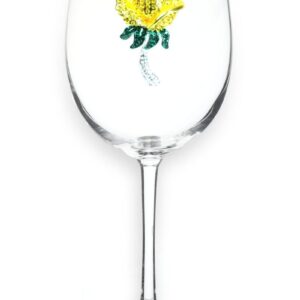 THE QUEENS' JEWELS Yellow Rose Jeweled Stemmed Wine Glass, 21 oz. - Unique Gift for Women, Birthday, Cute, Fun, Not Painted, Decorated, Bling, Bedazzled, Rhinestone