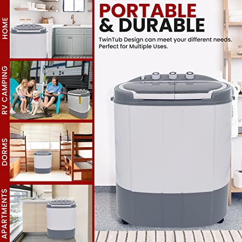 Compact Home Washer & Dryer, 2 in 1 Portable Mini Washing Machine, Twin Tubs, 11lbs. Capacity, 110V, Spin Cycle w/Hose, Translucent Tub Container Window, Ideal for Smaller Laundry Loads