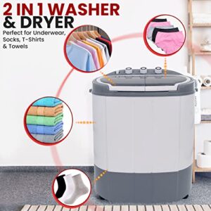 Compact Home Washer & Dryer, 2 in 1 Portable Mini Washing Machine, Twin Tubs, 11lbs. Capacity, 110V, Spin Cycle w/Hose, Translucent Tub Container Window, Ideal for Smaller Laundry Loads