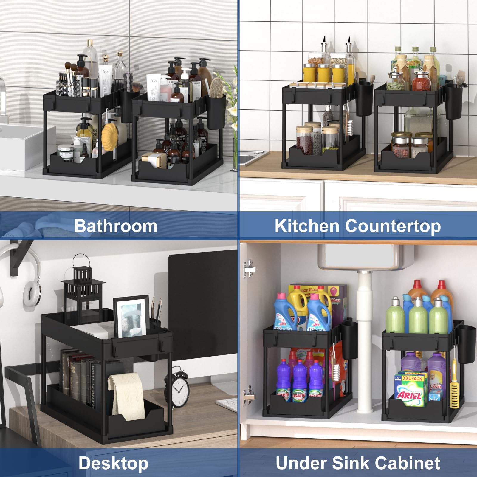 SUVANA Under Sink Organizer, 2 Tier Bathroom Cabinet Organizer with Under Sliding Basket, Hooks, Hanging Cup, Multi-Purpose Under Sink Organizers and Storage for Bathroom Kitchen (2 Pack)