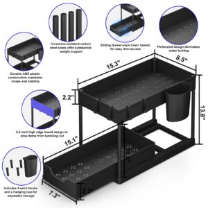 SUVANA Under Sink Organizer, 2 Tier Bathroom Cabinet Organizer with Under Sliding Basket, Hooks, Hanging Cup, Multi-Purpose Under Sink Organizers and Storage for Bathroom Kitchen (2 Pack)