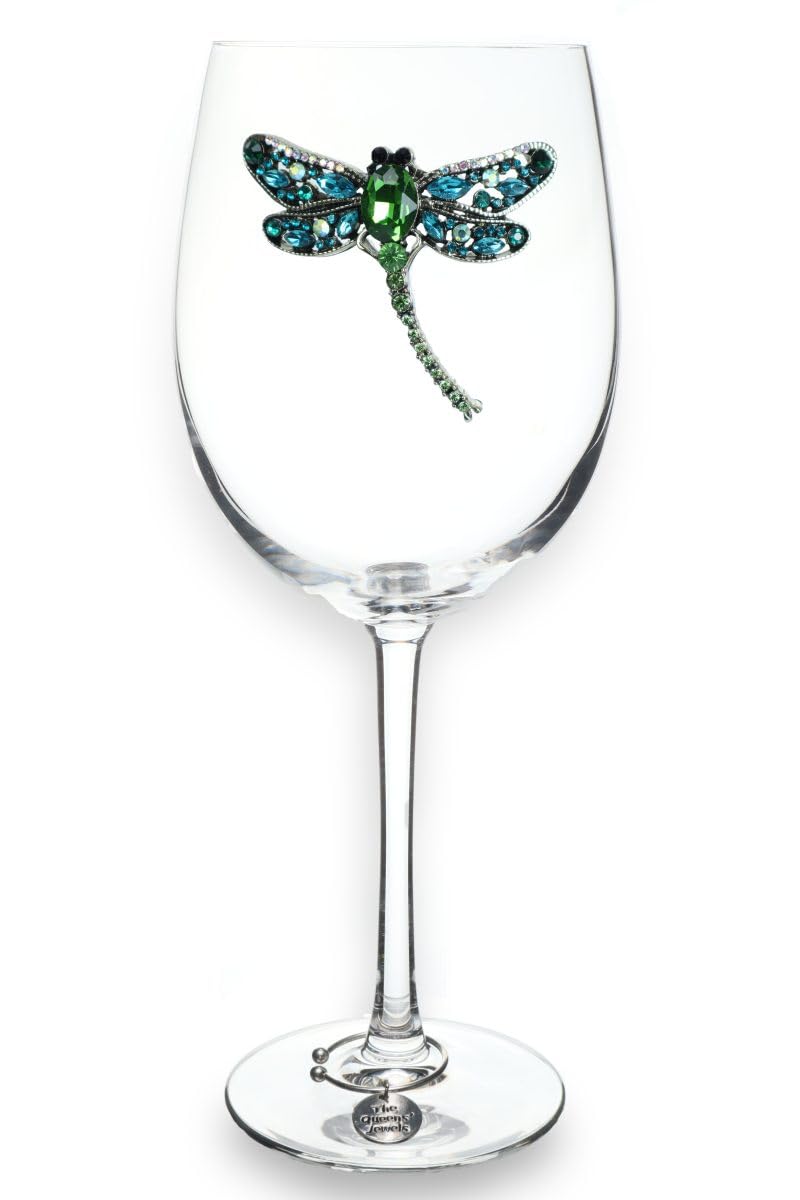 THE QUEENS' JEWELS Dragonfly Jeweled Stemmed Wine Glass, 21 oz. - Unique Gift for Women, Birthday, Cute, Fun, Not Painted, Decorated, Bling, Bedazzled, Rhinestone