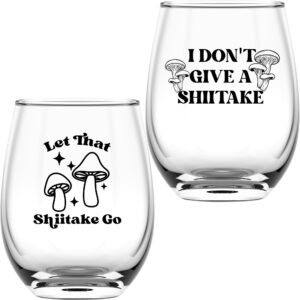 mushroom glass gifts for her and him - 2pc funny wine glass - 15oz printed "i don't give a shiitake", "let that shiitake go" mushroom decor - aesthetic gift for sister, brother, friend mushroom lover