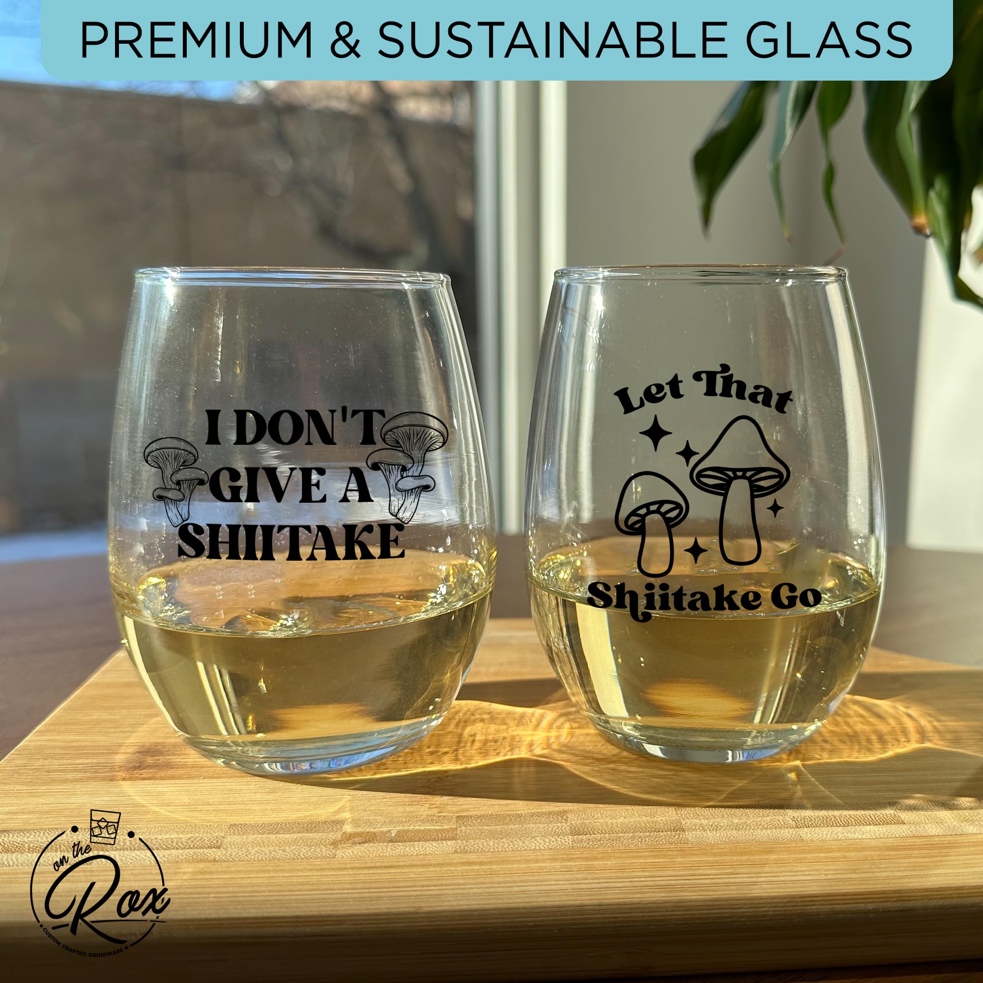 Mushroom Glass Gifts For Her and Him - 2PC Funny Wine Glass - 15oz Printed "I Don't Give A Shiitake", "Let That Shiitake Go" Mushroom Decor - Aesthetic Gift for Sister, Brother, Friend Mushroom Lover