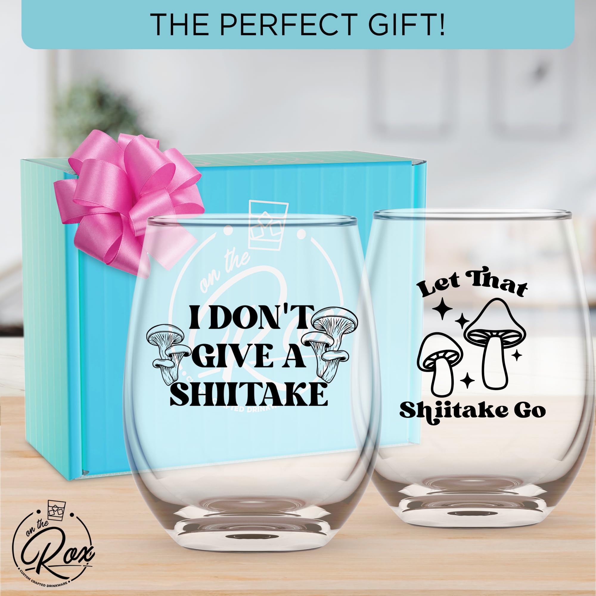 Mushroom Glass Gifts For Her and Him - 2PC Funny Wine Glass - 15oz Printed "I Don't Give A Shiitake", "Let That Shiitake Go" Mushroom Decor - Aesthetic Gift for Sister, Brother, Friend Mushroom Lover