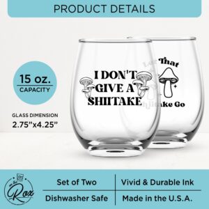 Mushroom Glass Gifts For Her and Him - 2PC Funny Wine Glass - 15oz Printed "I Don't Give A Shiitake", "Let That Shiitake Go" Mushroom Decor - Aesthetic Gift for Sister, Brother, Friend Mushroom Lover