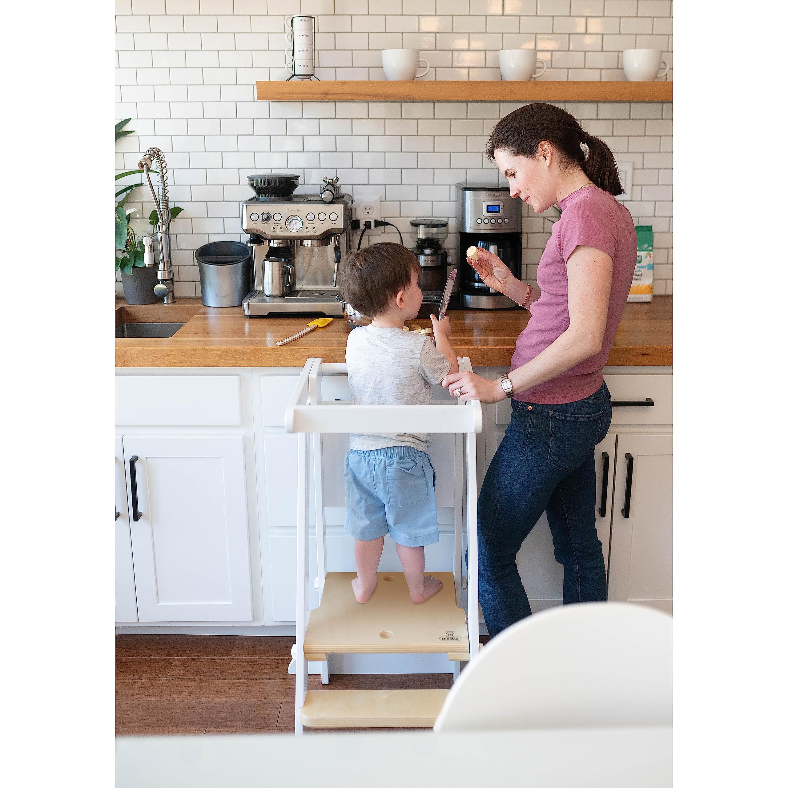 Little Partners® Learning Tower Foldable Toddler Tower Baby Kitchen Stool - Kitchen Helper Stool Adjustable Ladder for Kids Ages 2 to 6 (White w/Natural)