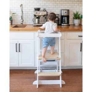 Little Partners® Learning Tower Foldable Toddler Tower Baby Kitchen Stool - Kitchen Helper Stool Adjustable Ladder for Kids Ages 2 to 6 (White w/Natural)