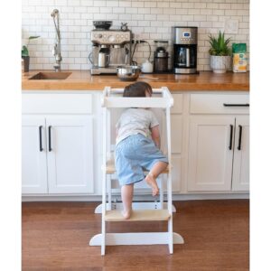 Little Partners® Learning Tower Foldable Toddler Tower Baby Kitchen Stool - Kitchen Helper Stool Adjustable Ladder for Kids Ages 2 to 6 (White w/Natural)