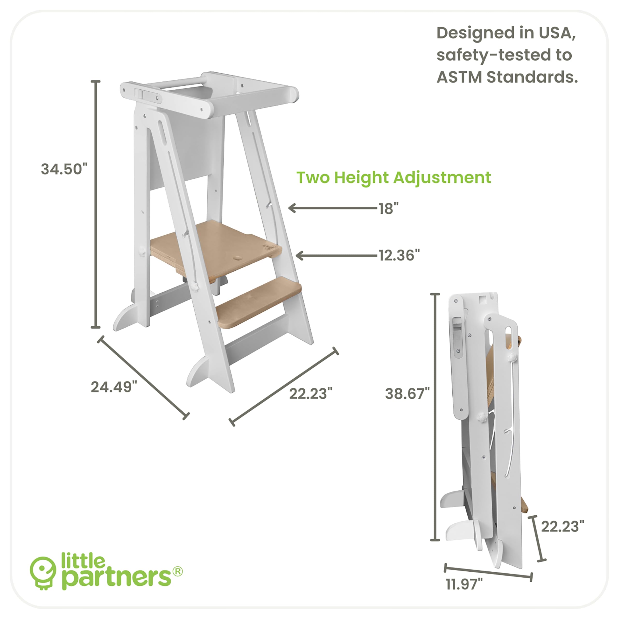 Little Partners® Learning Tower Foldable Toddler Tower Baby Kitchen Stool - Kitchen Helper Stool Adjustable Ladder for Kids Ages 2 to 6 (White w/Natural)