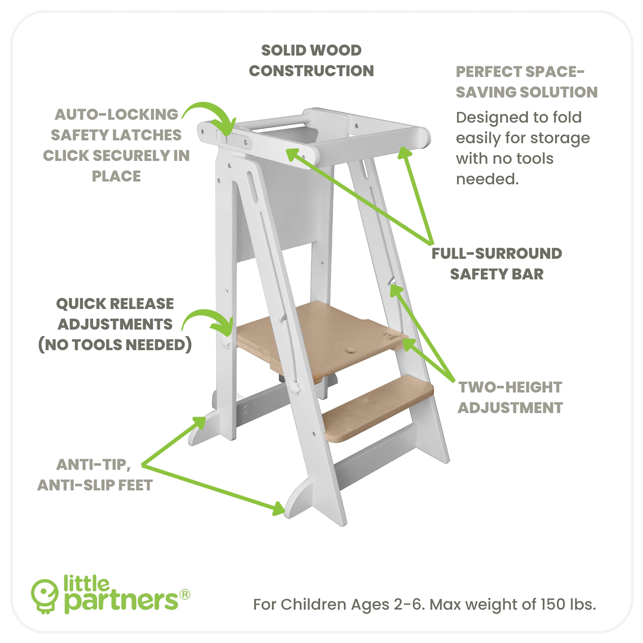 Little Partners® Learning Tower Foldable Toddler Tower Baby Kitchen Stool - Kitchen Helper Stool Adjustable Ladder for Kids Ages 2 to 6 (White w/Natural)