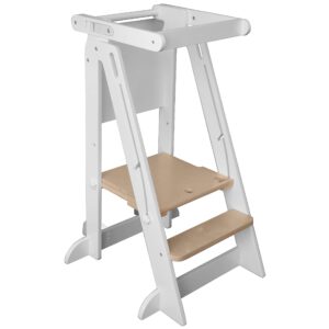 Little Partners® Learning Tower Foldable Toddler Tower Baby Kitchen Stool - Kitchen Helper Stool Adjustable Ladder for Kids Ages 2 to 6 (White w/Natural)