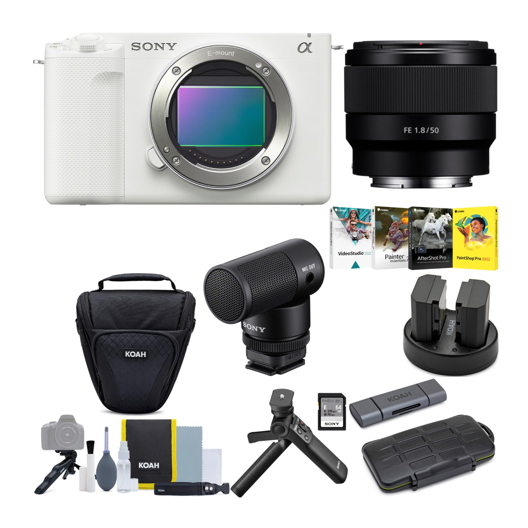 Sony Alpha ZV-E1 Full-Frame Mirrorless Vlog Camera with 50mm Lens, Vlogger Grip, and Shotgun Mic (ILCZV-E1/W, White) Kit (8 Items)