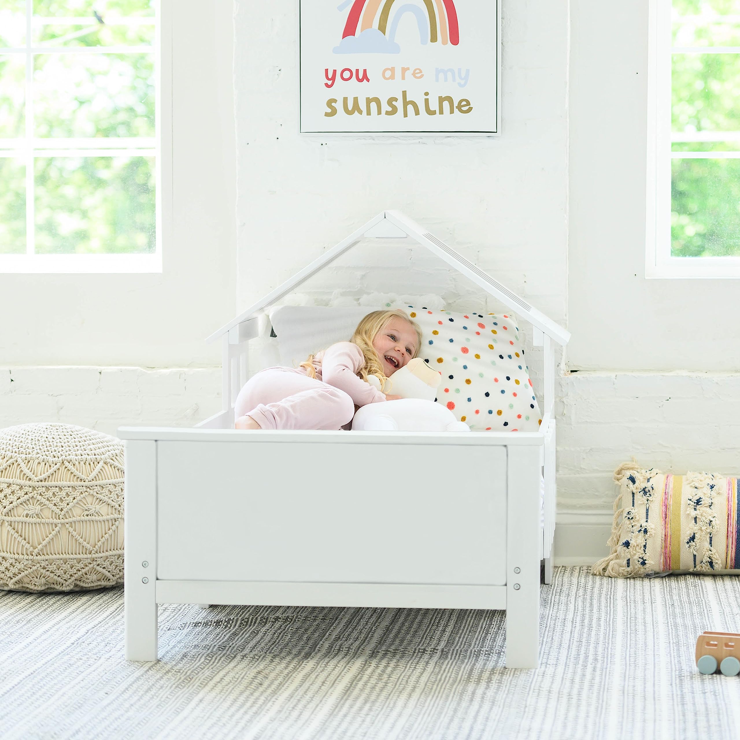 Little Partners Lil' House Toddler Bed - House Bed Design for Kids Bedroom Furniture - Children's Toddler Bed with Guard Rails, Low to Ground Modern Clean Design with Solid Wood (Soft White)