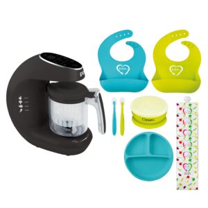evla's baby food maker, food processor, blender, grinder, steamer for healthy, homemade food with 6 reusable pouches and baby feeding set, dark gray & turquoise