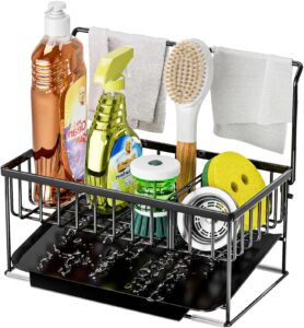 jane eyre kitchen sink caddy - sponge brush holder with removable slope drip tray sus304 stainless steel rustproof sink rack,(h) 9 in x (d) 5.5 in x (l) 9.84 in (black)