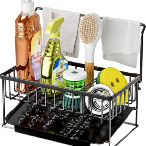 JANE EYRE Kitchen Sink Caddy - Sponge Brush Holder with Removable Slope Drip Tray SUS304 Stainless Steel Rustproof Sink Rack,(H) 9 in x (D) 5.5 in x (L) 9.84 in (Black)