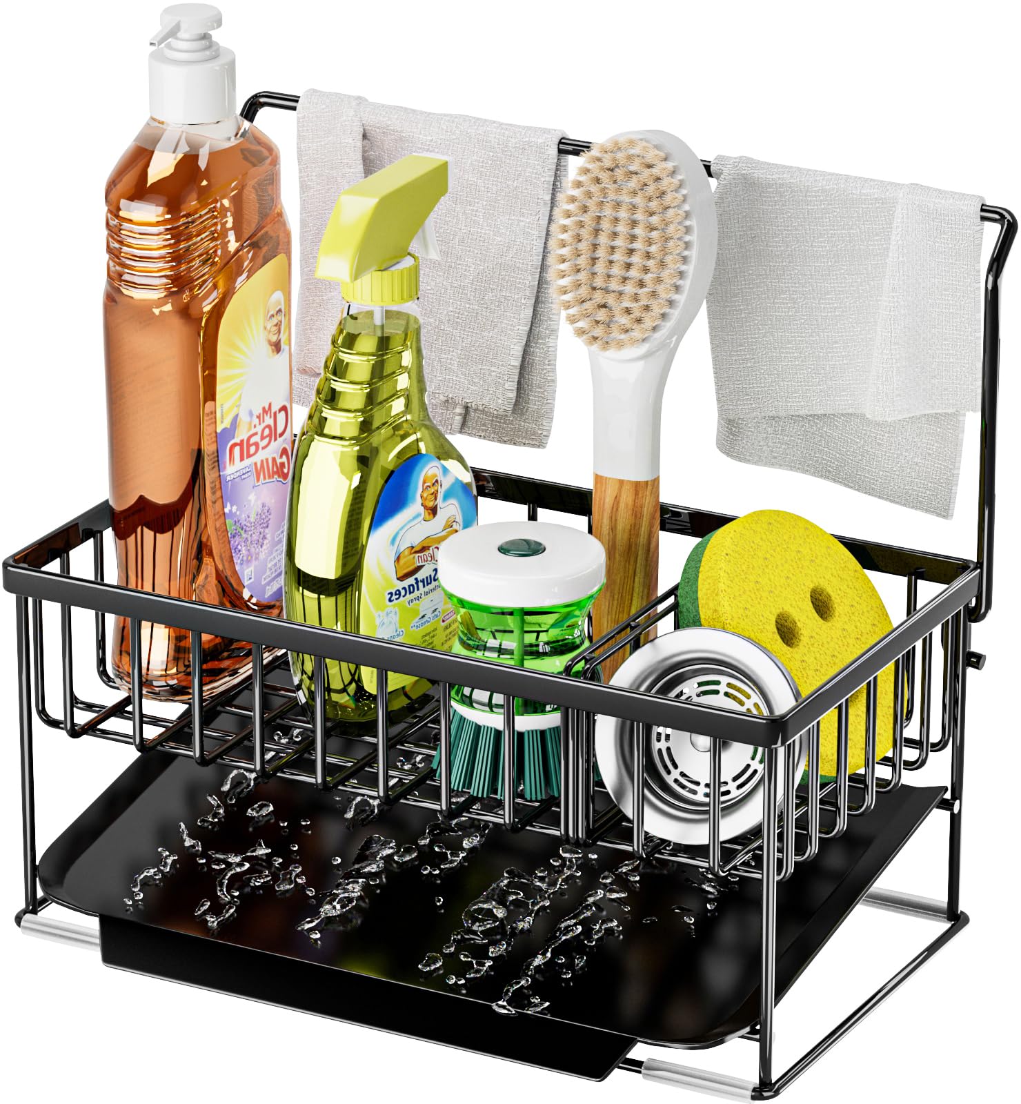 JANE EYRE Kitchen Sink Caddy - Sponge Brush Holder with Removable Slope Drip Tray SUS304 Stainless Steel Rustproof Sink Rack,(H) 9 in x (D) 5.5 in x (L) 9.84 in (Black)