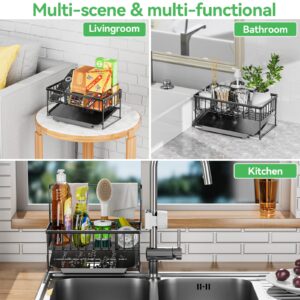 JANE EYRE Kitchen Sink Caddy - Sponge Brush Holder with Removable Slope Drip Tray SUS304 Stainless Steel Rustproof Sink Rack,(H) 9 in x (D) 5.5 in x (L) 9.84 in (Black)