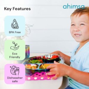 Ahimsa Stainless Steel Dinner Set - 5 Piece Mindful Mealtime Set | Pediatrician Designed Stainless Steel Plates for Kids, Toxin Free Stainless Steel Dinnerware Set | 100% BPA Free (Rainbow)