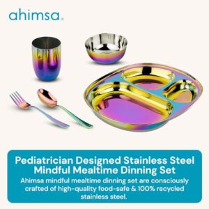 Ahimsa Stainless Steel Dinner Set - 5 Piece Mindful Mealtime Set | Pediatrician Designed Stainless Steel Plates for Kids, Toxin Free Stainless Steel Dinnerware Set | 100% BPA Free (Rainbow)